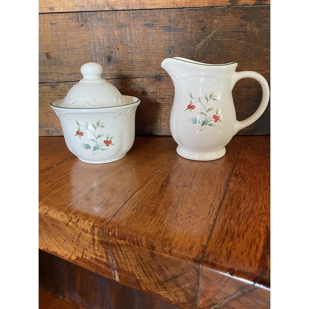 Pfaltzgraff Winterberry Cream and Sugar Set White Stoneware Holly Berry Holiday